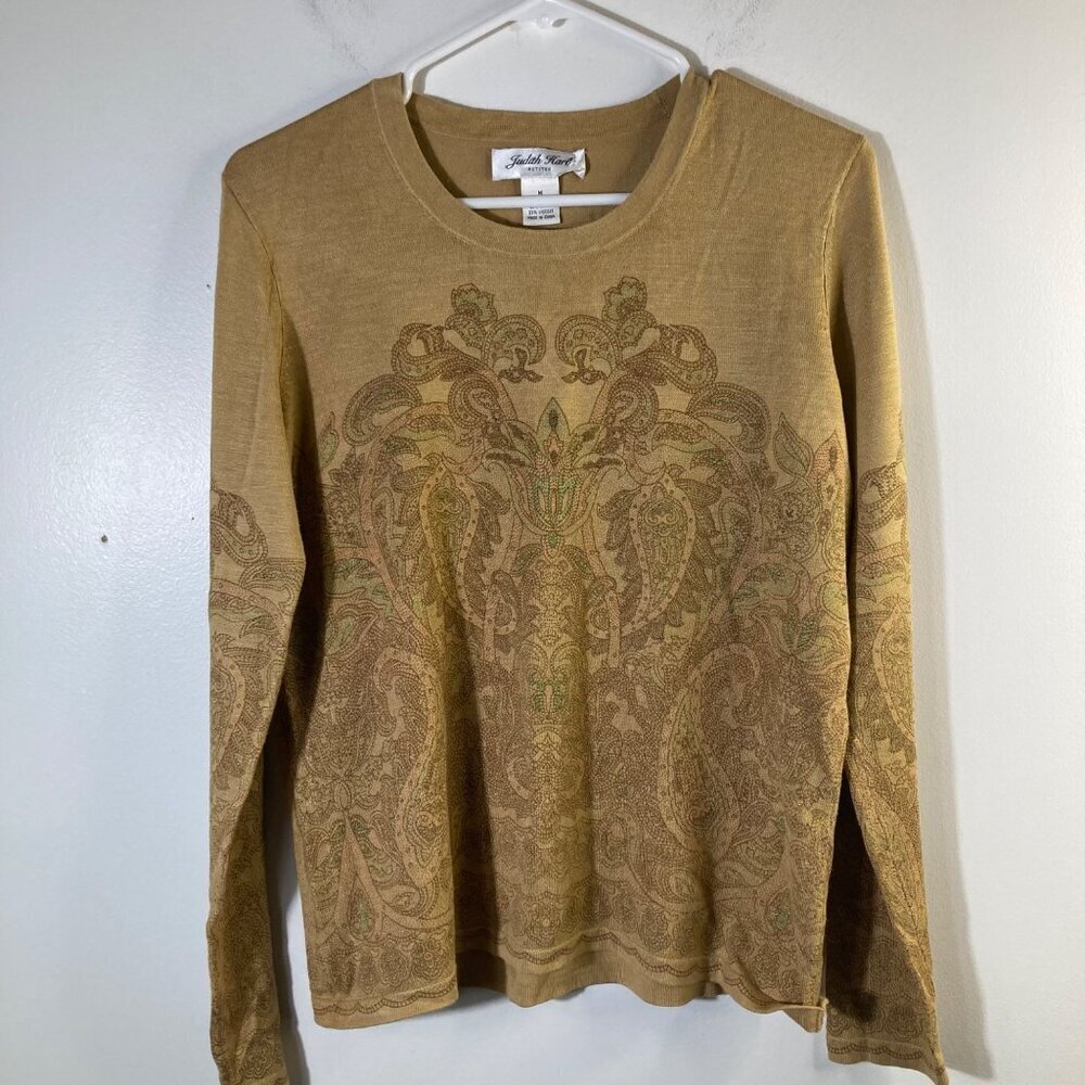 Womens Judith‎ Hart Petites Silk Blend Knit Light Sweater Tan Gold Pattern MP